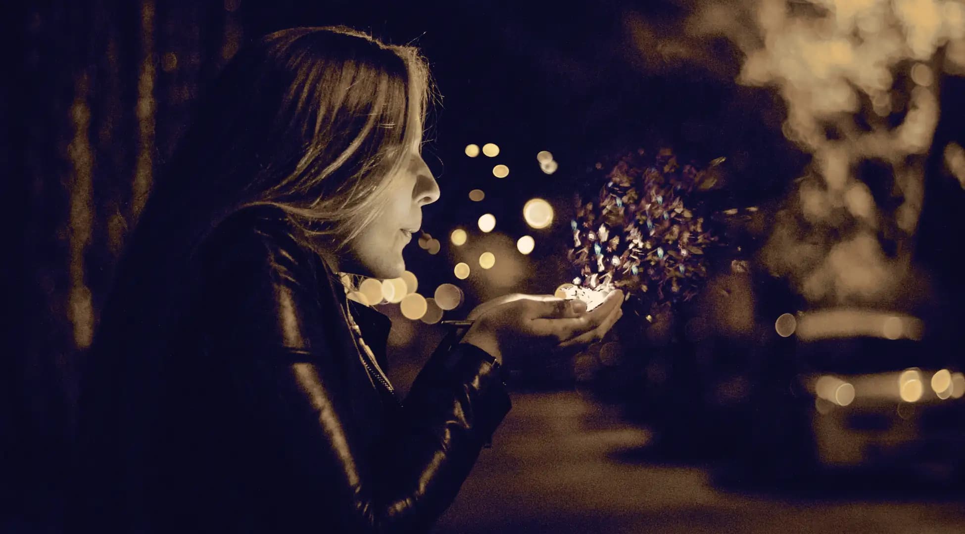 Moment magique nocturne en ville, avec des paillettes scintillantes, capturant l'essence des soirées enchantées proposées par Pop'in.