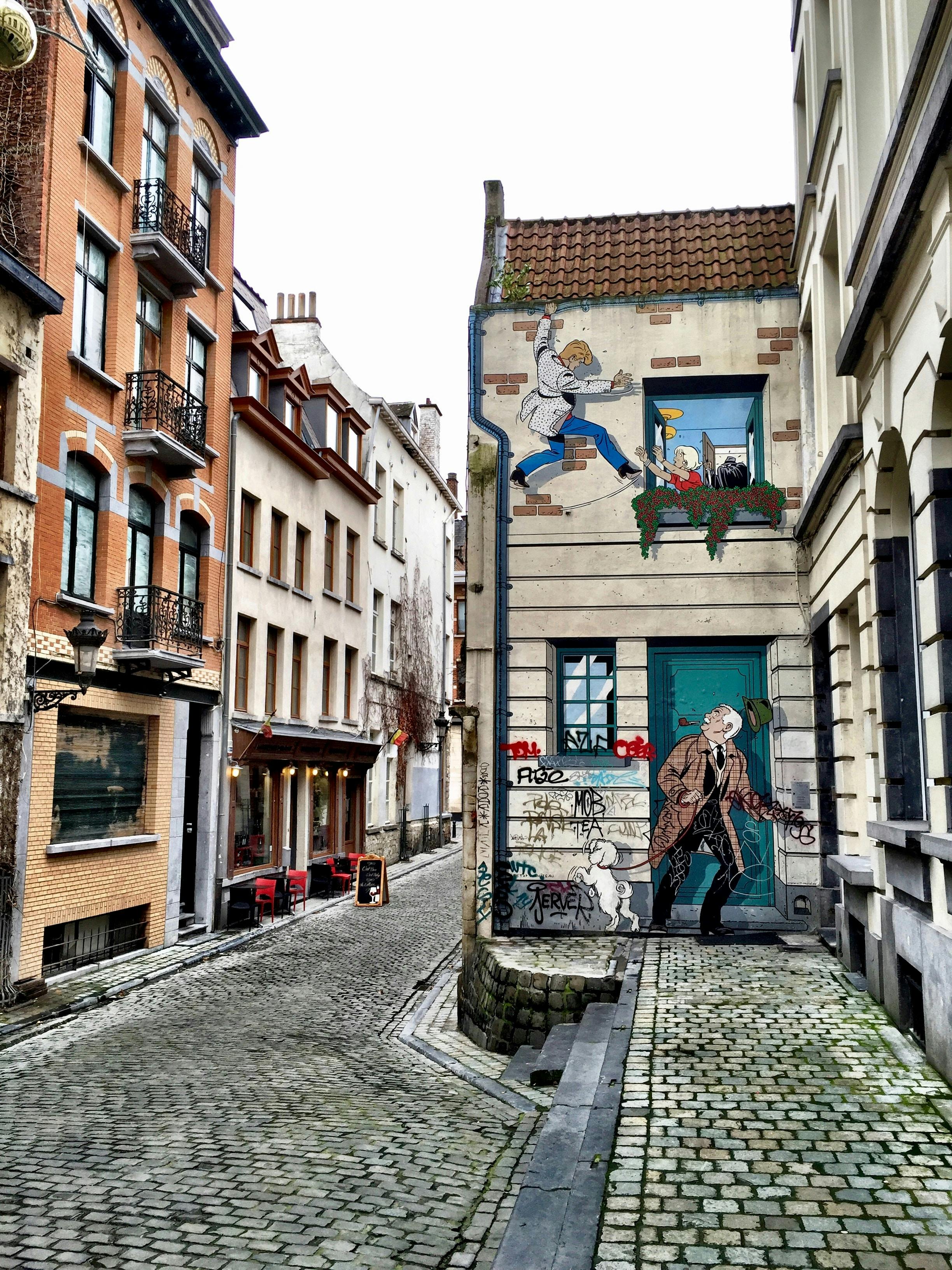 Ruelle pittoresque à Bruxelles capturant l'essence urbaine, parfaite pour une escapade Pop'in en ville.