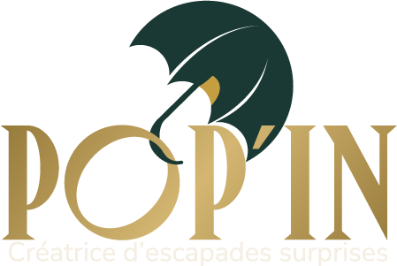 Logo de Pop'in, créatrice d'escapades surprises en Belgique, symbolisant des aventures personnalisées et des voyages uniques.